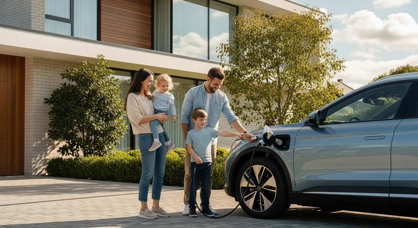 Happy family with electric vehicle