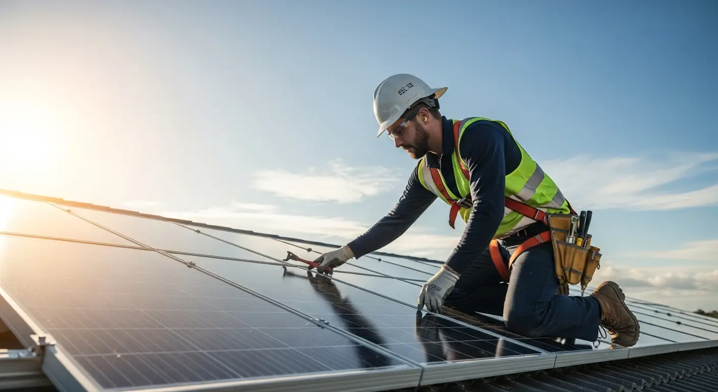 Solar installer working on roof